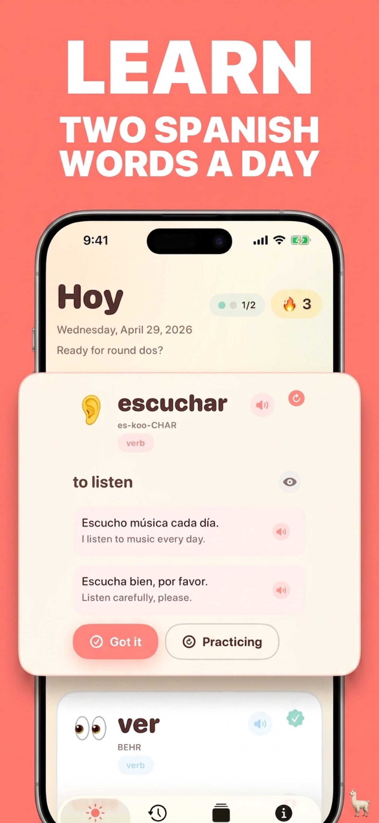 Pantalla de aprendizaje mostrando la palabra escuchar